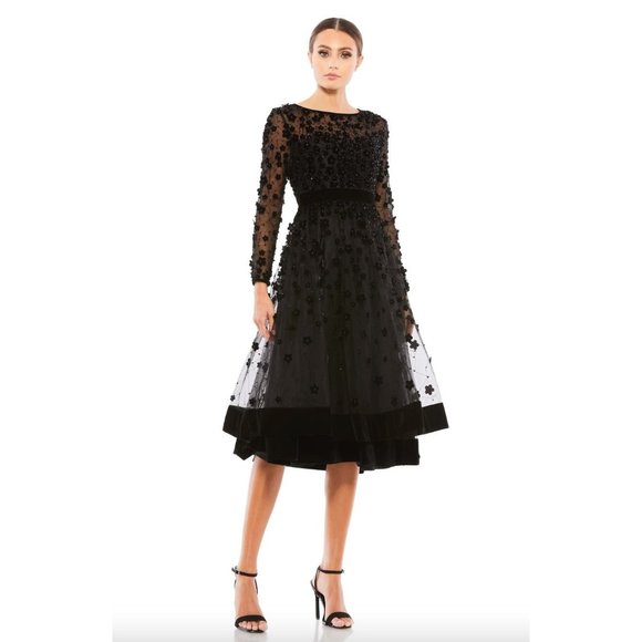 MAC DUGGAL Floral Applique Black Midi Fit & Flare Tea Dress Size 2 Long Sleeve